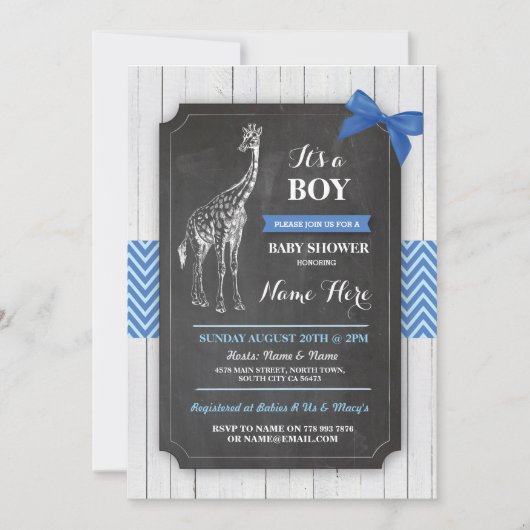 Giraffe Blue Baby shower Party Boy Wood Invite Kaart (Voorkant)