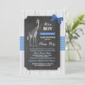 Giraffe Blue Baby shower Party Boy Wood Invite Kaart (Staand voorkant)