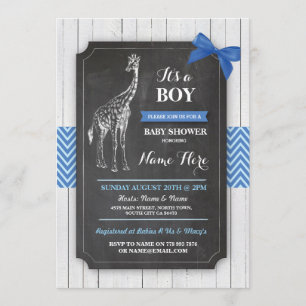 Giraffe Blue Baby shower Party Boy Wood Invite Kaart