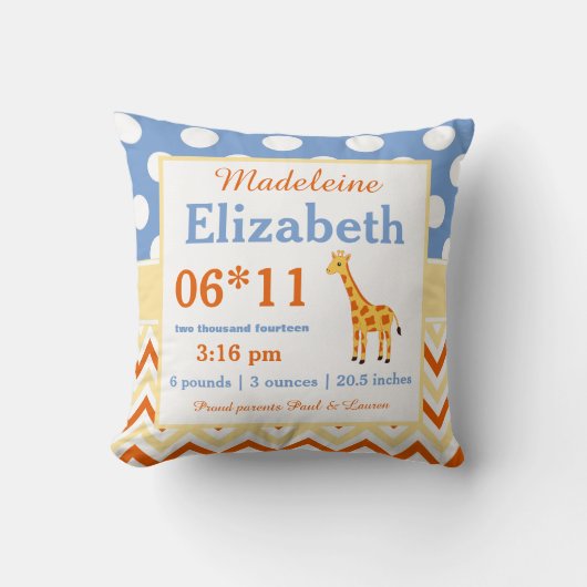 Giraffe Blue Yellow Baby Announcement Pillow Kussen (Voorkant)