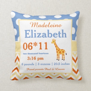 Giraffe Blue Yellow Baby Announcement Pillow Kussen