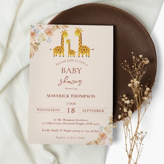Giraffe Bohemian Dried Grass Baby shower Kaart
