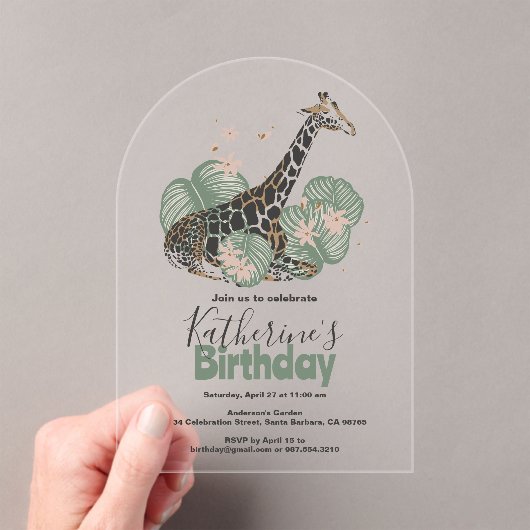 Giraffe Botanisch Groen Dierenverjaardagsfeest Acryl Uitnodigingen (Insitu (Draagbaar))