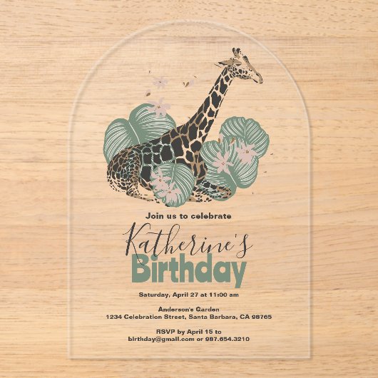 Giraffe Botanisch Groen Dierenverjaardagsfeest Acryl Uitnodigingen (Voorkant)