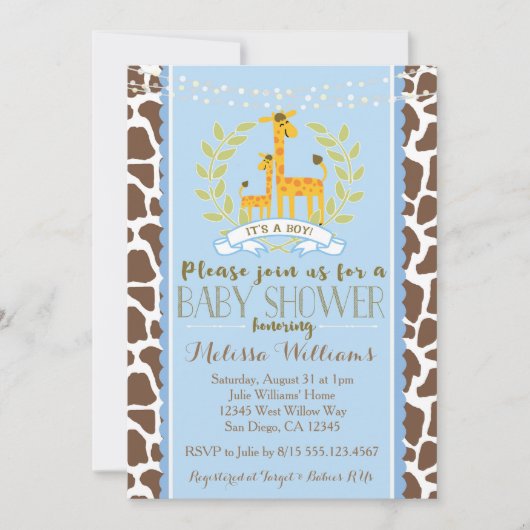Giraffe Boy Blue Baby shower Uitnodiging (Voorkant)