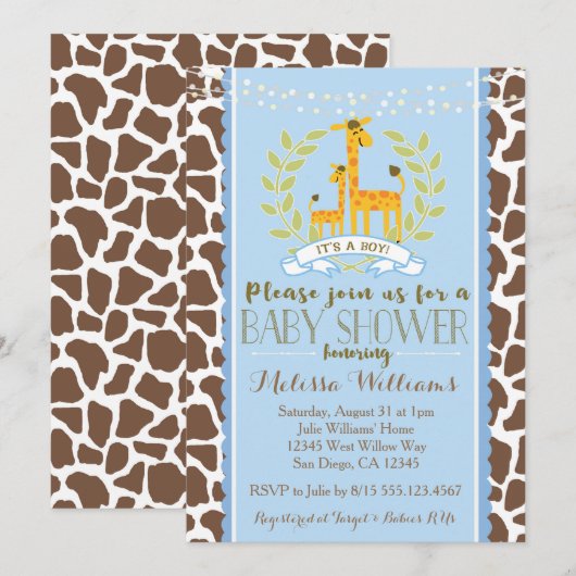 Giraffe Boy Blue Baby shower Uitnodiging (Voorkant / Achterkant)