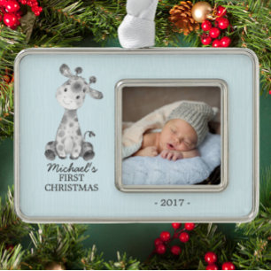 Giraffe Boys Baby's Eerste Kerstmis Foto Ornament