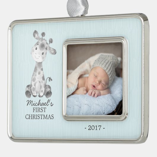 Giraffe Boys Baby's Eerste Kerstmis Foto Ornament (Links)