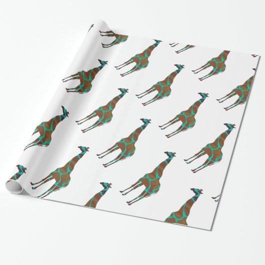 Giraffe Brown en Blauwgroen print Cadeaupapier (Uitgerold)