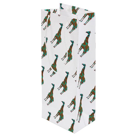 Giraffe Brown en Blauwgroen Silhouette Wijn Cadeautas (Achterkant Gekanteld)