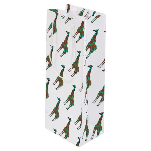 Giraffe Brown en Blauwgroen Silhouette Wijn Cadeautas (Voorkant Gekanteld)