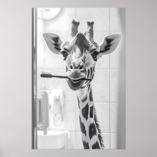 Giraffe Brushing Teeth Print, Funny Bathroom Poster (Voorkant)