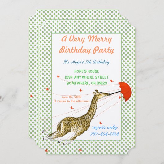 Giraffe Butterfly Birthday Party Invitation Kaart (Voorkant / Achterkant)