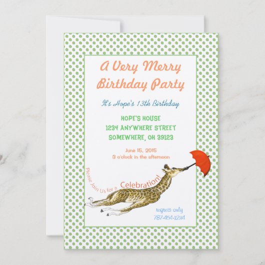 Giraffe Butterfly Birthday Party Invitation Kaart (Voorkant)