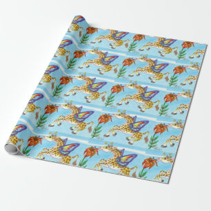 Giraffe Butterfly die op een Lily Fantasy Art zing Cadeaupapier