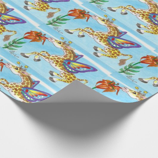 Giraffe Butterfly die op een Lily Fantasy Art zing Cadeaupapier (Hoek)