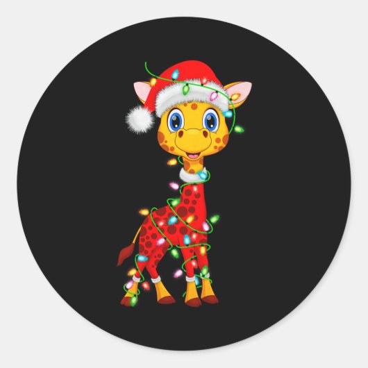 Giraffe Christmas Lights Santa Costume Cute Animal Ronde Sticker (Voorkant)