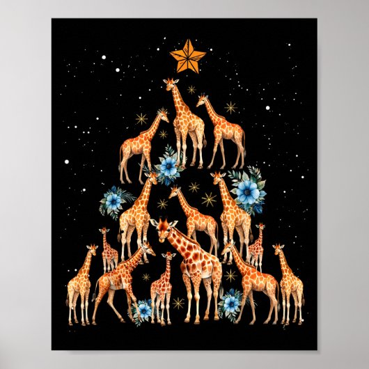 Giraffe Christmas Tree Floral Giraffe Xmas Lights Poster (Voorkant)