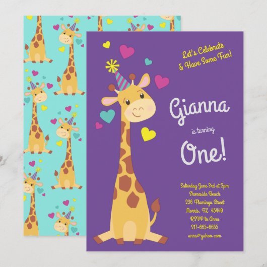 Giraffe Cute Kinderen 1e verjaardag Girls Kaart (Voorkant / Achterkant)