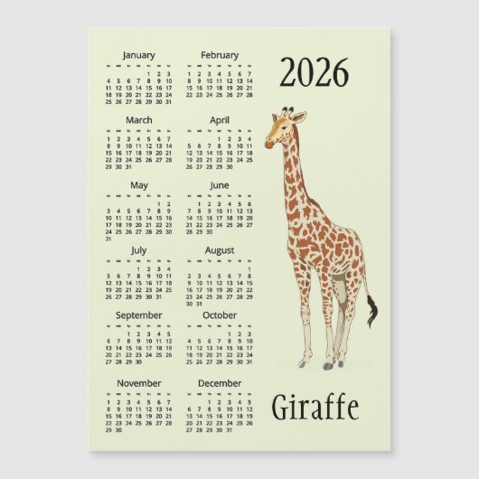 Giraffe Design 2026 Calendar Magnetic Card (Voorkant)