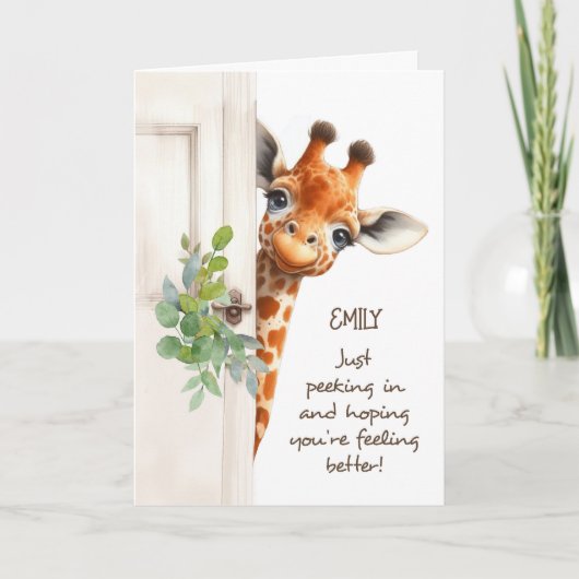 Giraffe die beter voelt en om de deur gluurt kaart (Voorkant)