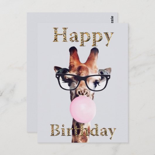 Giraffe die een bril draagt en roze kauwgom blaast briefkaart (Voorkant / Achterkant)