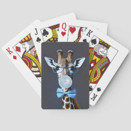 Giraffe die een bril dragen, boog stropdas blazen  pokerkaarten