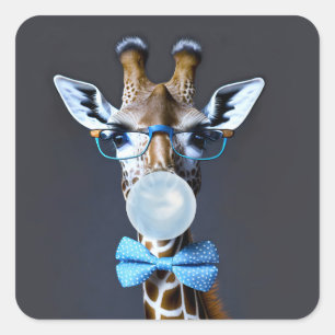 Giraffe die een bril dragen, boog stropdas blazen vierkante sticker