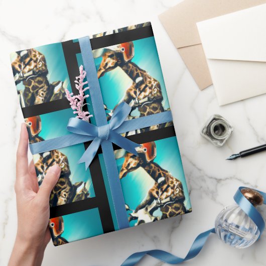 Giraffe die Helm draagt op motorrijwiel Moderne AI Cadeaupapier (Geschenken)