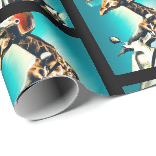 Giraffe die Helm draagt op motorrijwiel Moderne AI Cadeaupapier (Rol Hoek)