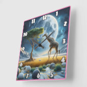 Giraffe die sierlijk rondloopt onder een stralende vierkante klok (Hoek)