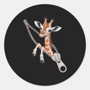 Giraffe die tevoorschijn komt uit een ritssluiting ronde sticker