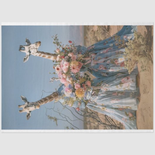 Giraffe draagt blauwe jurken bloemendecoupage tissuepapier (Voorkant)