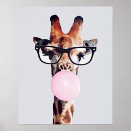 Giraffe draagt een bril en blaast roze kauwgom bub poster