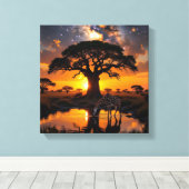 Giraffe drink water in Cosmic African Sunset Canvas Afdruk (Insitu (Houten vloer))