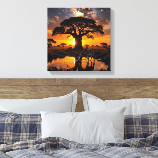 Giraffe drink water in Cosmic African Sunset Canvas Afdruk (Insitu (Slaapkamer))