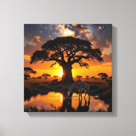 Giraffe drink water in Cosmic African Sunset Canvas Afdruk