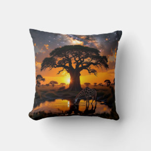 Giraffe drink water in Cosmic African Sunset Kussen