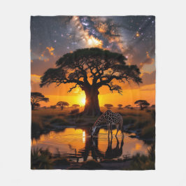 Giraffe drinkt water in African Cosmic Sunset Fle Fleece Deken