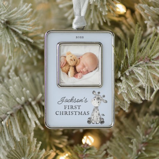 Giraffe Eerste Kerstfeest Kerstmis Verzilverd Omlijst Ornament (Boom)