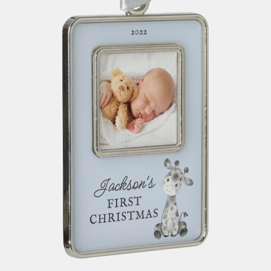 Giraffe Eerste Kerstfeest Kerstmis Verzilverd Omlijst Ornament (Rechts)