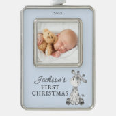 Giraffe Eerste Kerstfeest Kerstmis Verzilverd Omlijst Ornament (Voorkant)