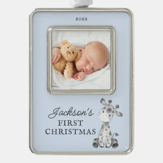 Giraffe Eerste Kerstfeest Kerstmis Verzilverd Omlijst Ornament (Voorkant)