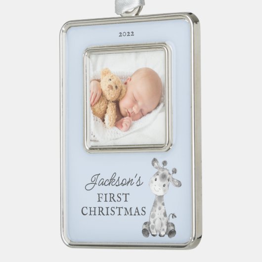 Giraffe Eerste Kerstfeest Kerstmis Verzilverd Omlijst Ornament (Links)