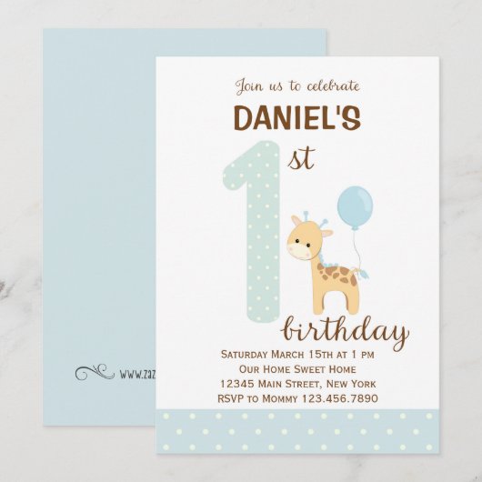 Giraffe eerste uitnodiging (blauw) (Voorkant / Achterkant)