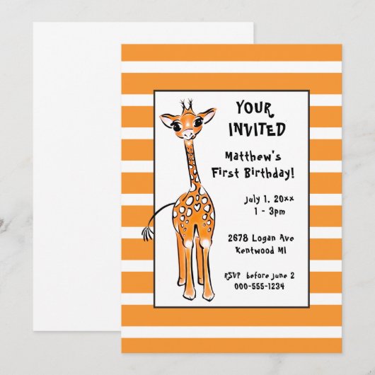 Giraffe - eerste verjaardag kaart (Voorkant / Achterkant)