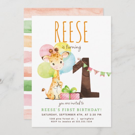 Giraffe Eerste Verjaardagsfeestuitnodiging Kaart (Voorkant / Achterkant)
