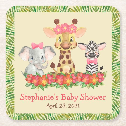 Giraffe Elephant en Zebra Girl Safari Baby shower Kartonnen Onderzetters (Voorkant)