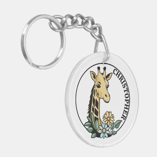 Giraffe en Bloemen Aangepaste naam Sleutelhanger (Voorkant Links)