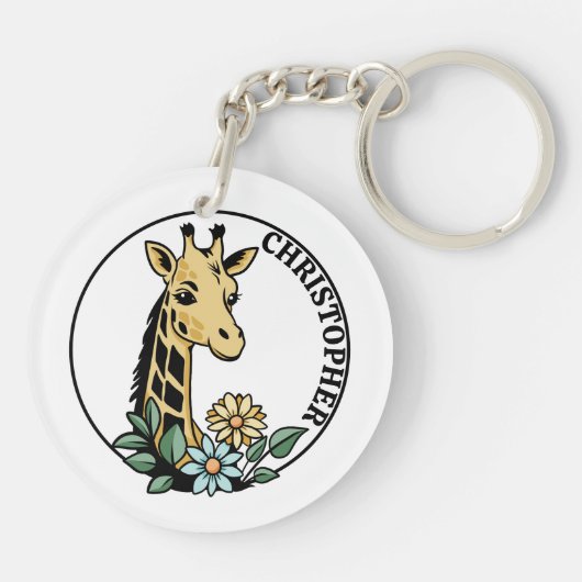 Giraffe en Bloemen Aangepaste naam Sleutelhanger (Achterkant)
